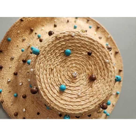 NWD Lele Sadoughi Turquoise Embellished Straw Sun Hat Natural One Size - Picture 13 of 13